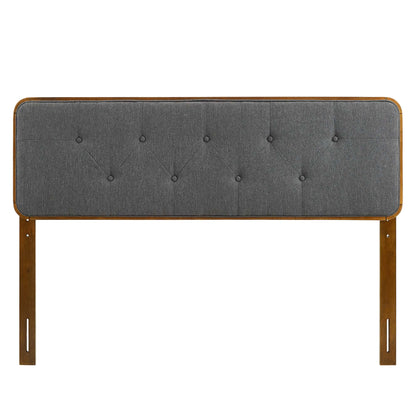 Walnut-finish wood full headboard with charcoal gray tufted upholstery, rounded corners, and sturdy vertical legs.