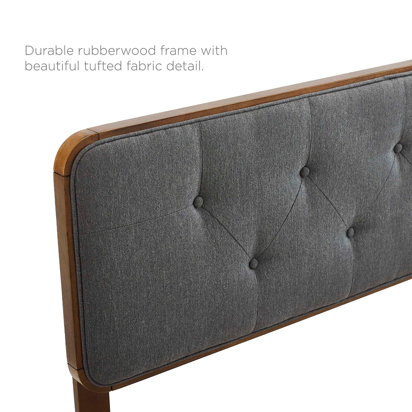 Walnut rubberwood frame with charcoal grey tufted fabric headboard.