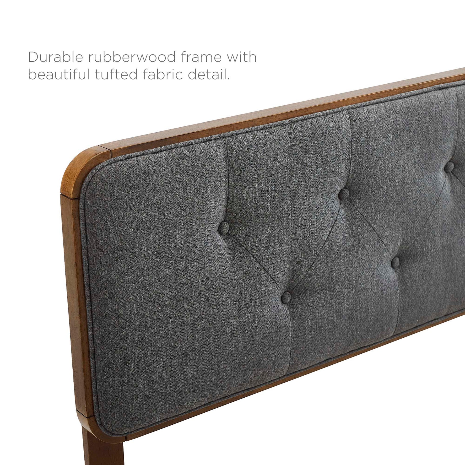 Walnut rubberwood frame with charcoal grey tufted fabric headboard.