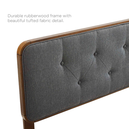 Walnut rubberwood frame with charcoal grey tufted fabric headboard.