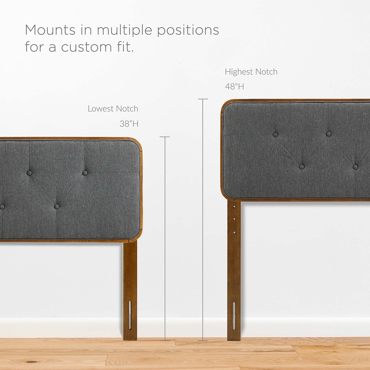 Walnut wood-framed headboard with charcoal gray tufted upholstery; adjustable height from 38 to 48 inches.