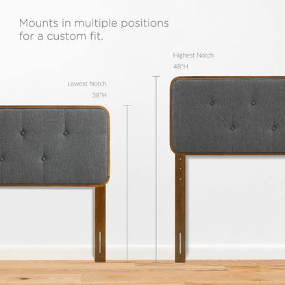 Walnut wood-framed headboard with charcoal gray tufted upholstery; adjustable height from 38 to 48 inches.