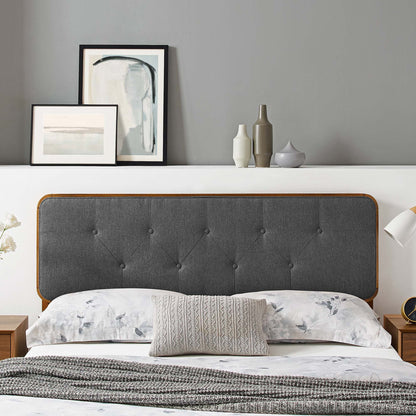Black tufted fabric-and-wood headboard on a bed; floral sheets, knitted pillow, and knitted throw; modern bedroom scene with wall art.