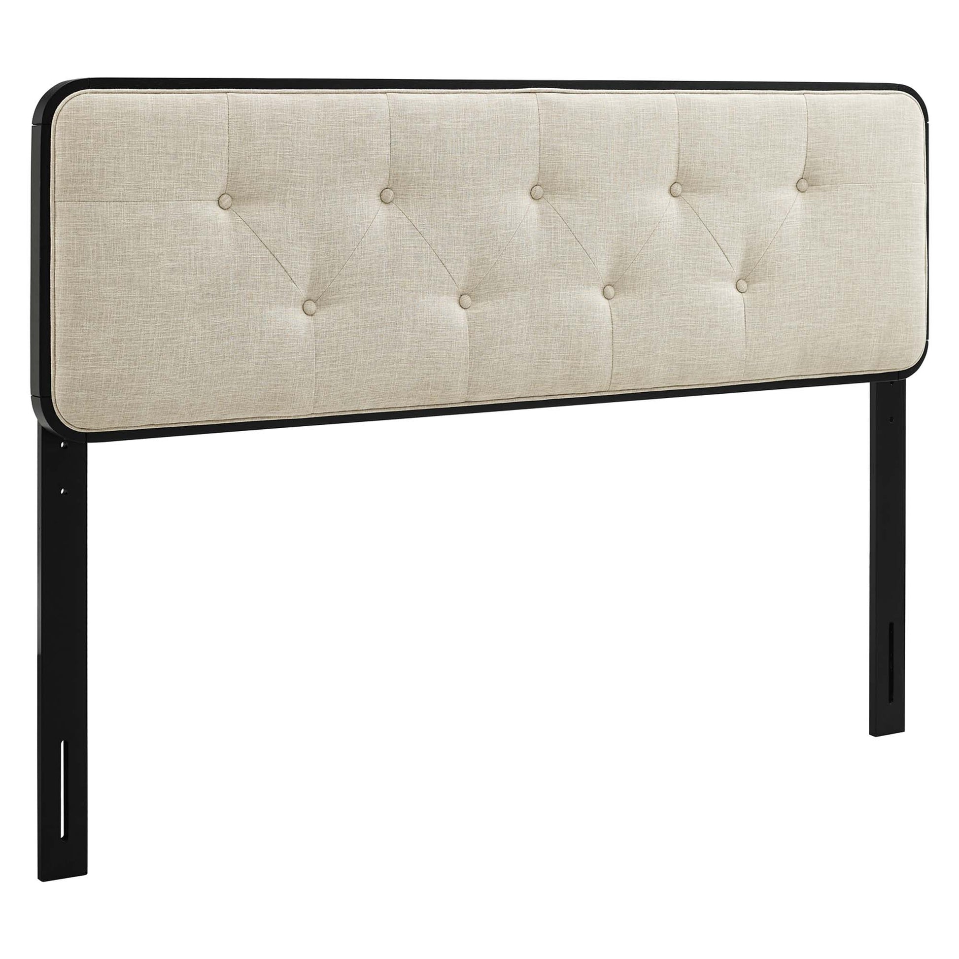 Beige tufted fabric and wood king headboard.