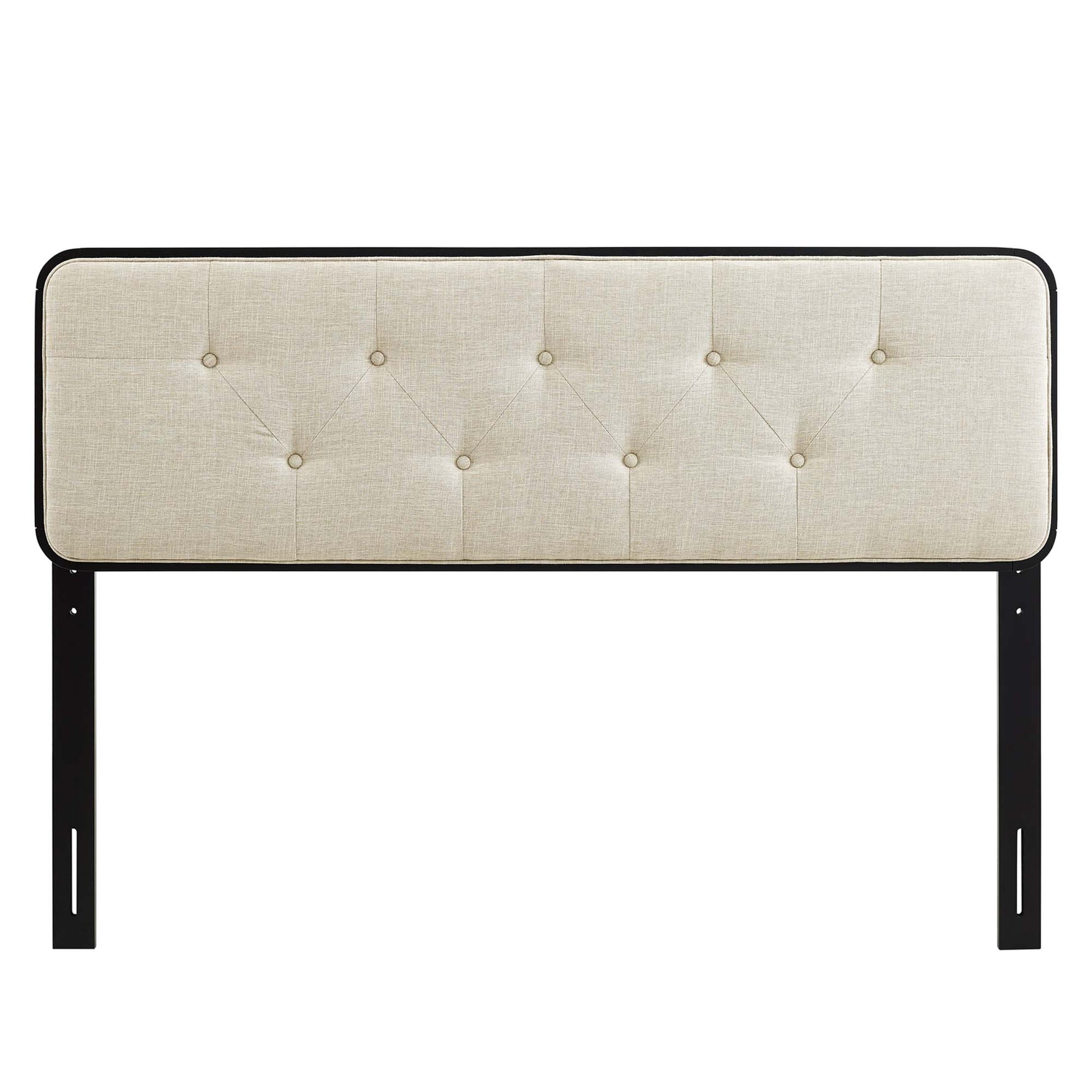 Beige diamond-tufted upholstered headboard with rounded corners and a wood frame.