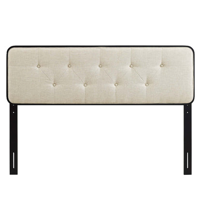 Beige diamond-tufted upholstered headboard with rounded corners and a wood frame.