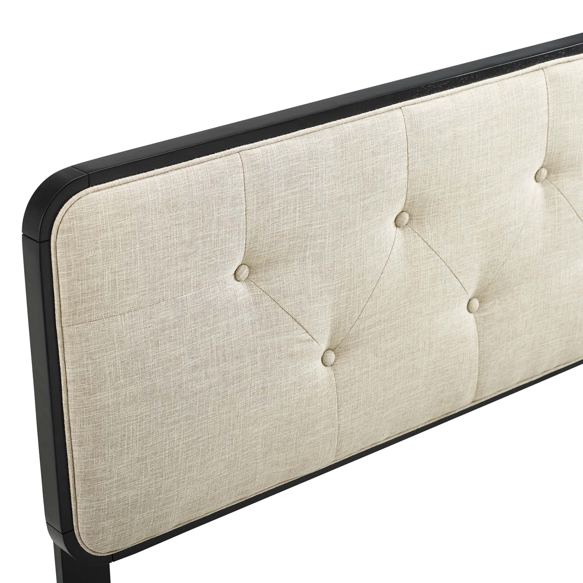 Beige tufted fabric headboard with a wood frame and button-tufted detailing, king size.