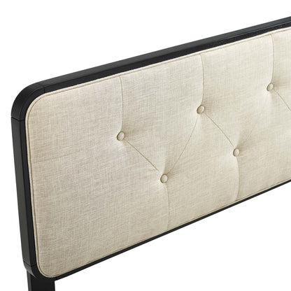Beige tufted fabric headboard with a wood frame and button-tufted detailing, king size.
