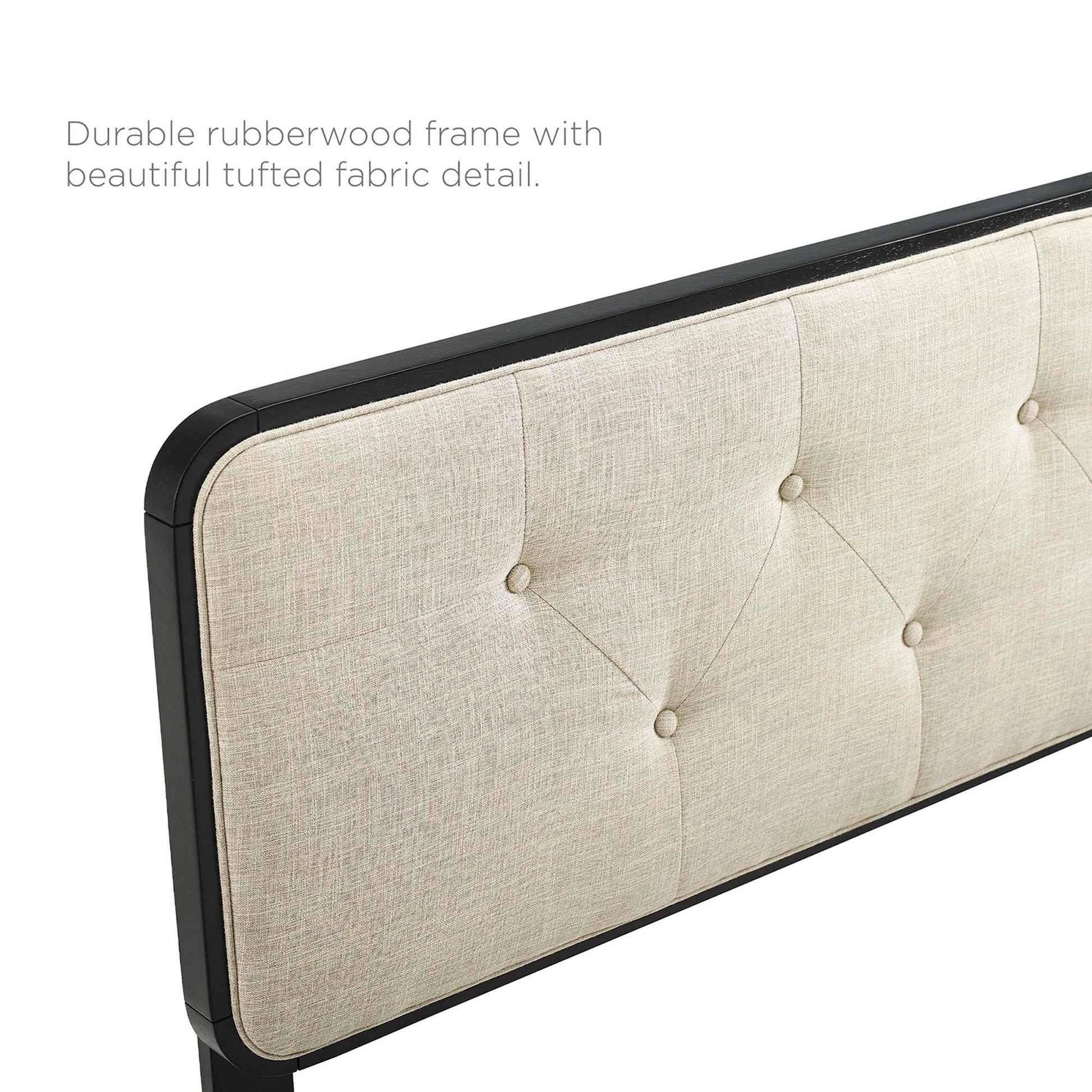 Brown tufted fabric headboard with a slim black rubberwood frame, modern rectangular design.