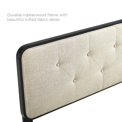 Brown tufted fabric headboard with a slim black rubberwood frame, modern rectangular design.