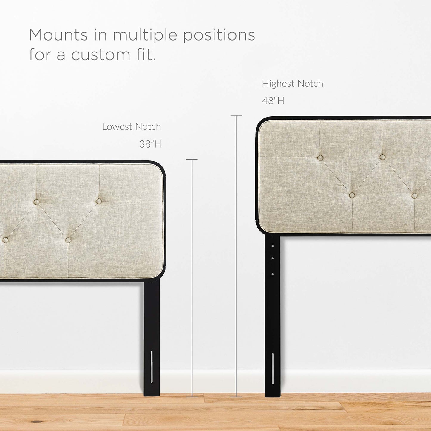 Beige tufted fabric headboard with a black wood frame; adjustable height from 38 to 48 inches.