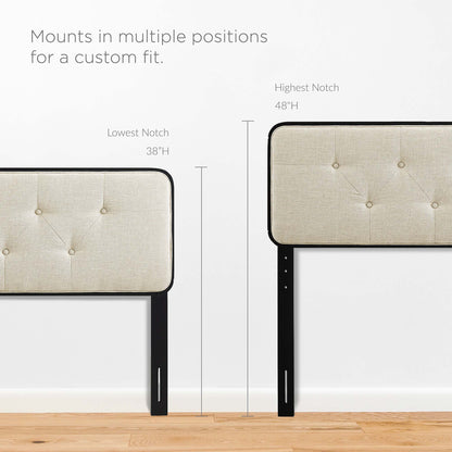Beige tufted fabric headboard with a black wood frame; adjustable height from 38 to 48 inches.