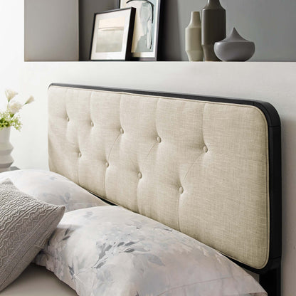 Brown tufted upholstered king headboard with a dark wood edge frame; modern bedroom decor with floral bedding visible.