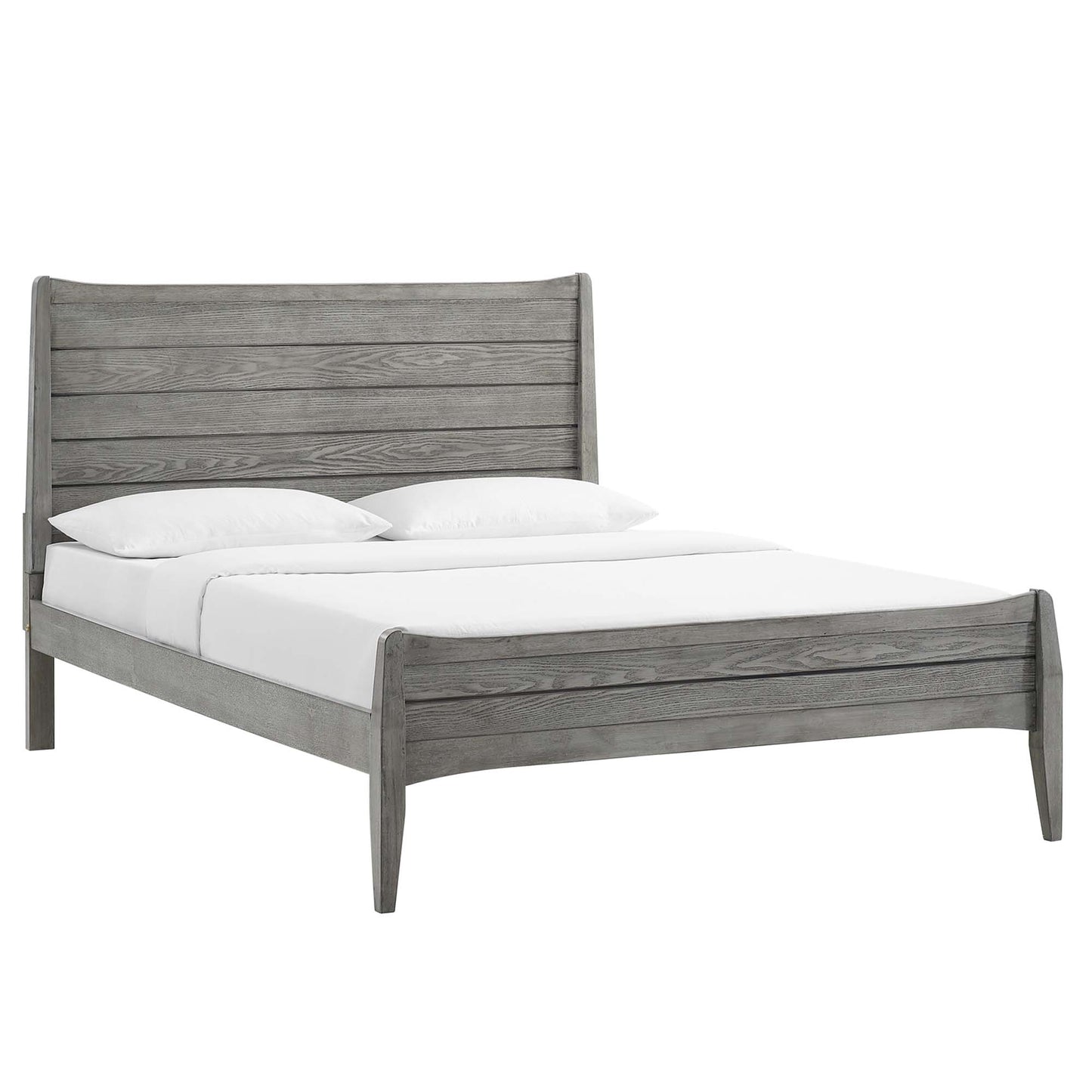 Gray weathered wood King platform bed with tall slatted headboard and slightly curved footboard, white bedding.