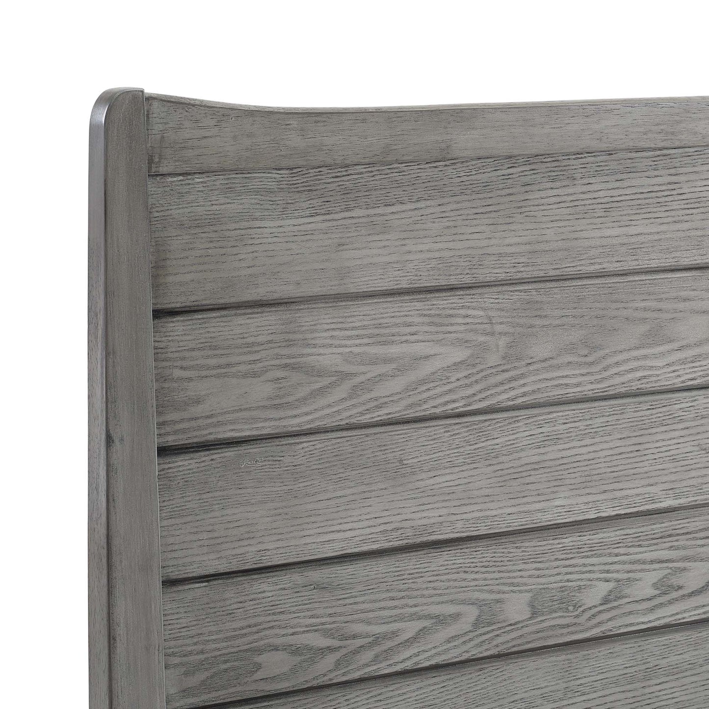 Gray weathered wood headboard panel with horizontal slats and a rounded vertical post on the left.