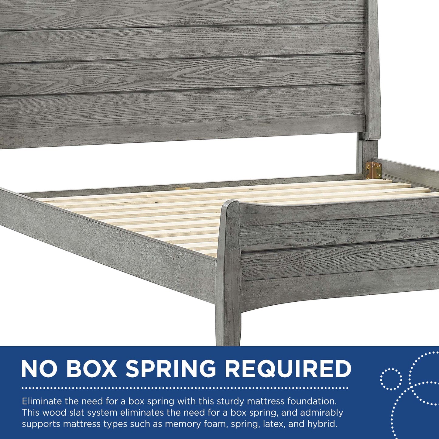 Gray-washed wooden platform bed with tall paneled headboard and visible slatted base.