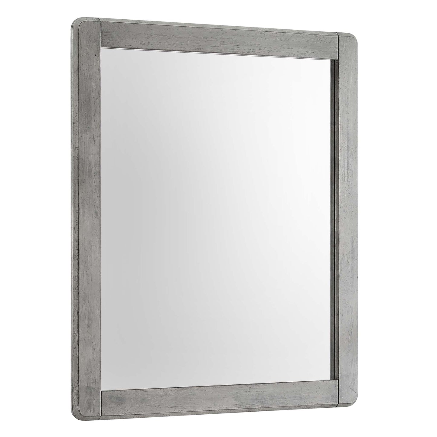 Rectangular grey weathered-wood framed wall mirror with glass surface, rustic style.