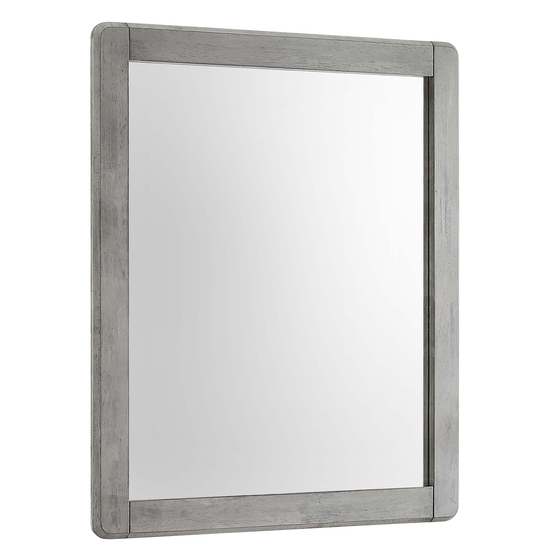 Rectangular grey weathered-wood framed wall mirror with glass surface, rustic style.