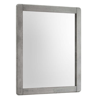 Rectangular grey weathered-wood framed wall mirror with glass surface, rustic style.