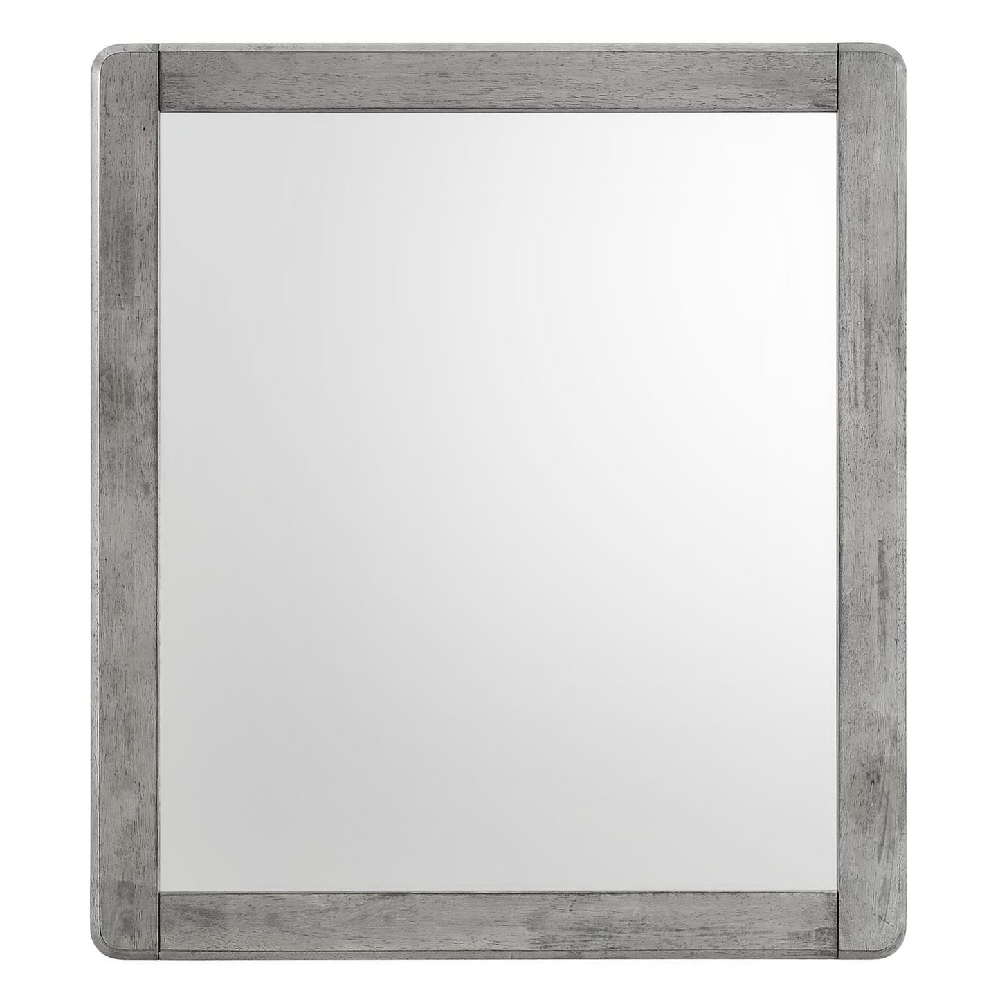 Rectangular wall mirror with a distressed grey wood frame and rounded corners; rustic farmhouse style.