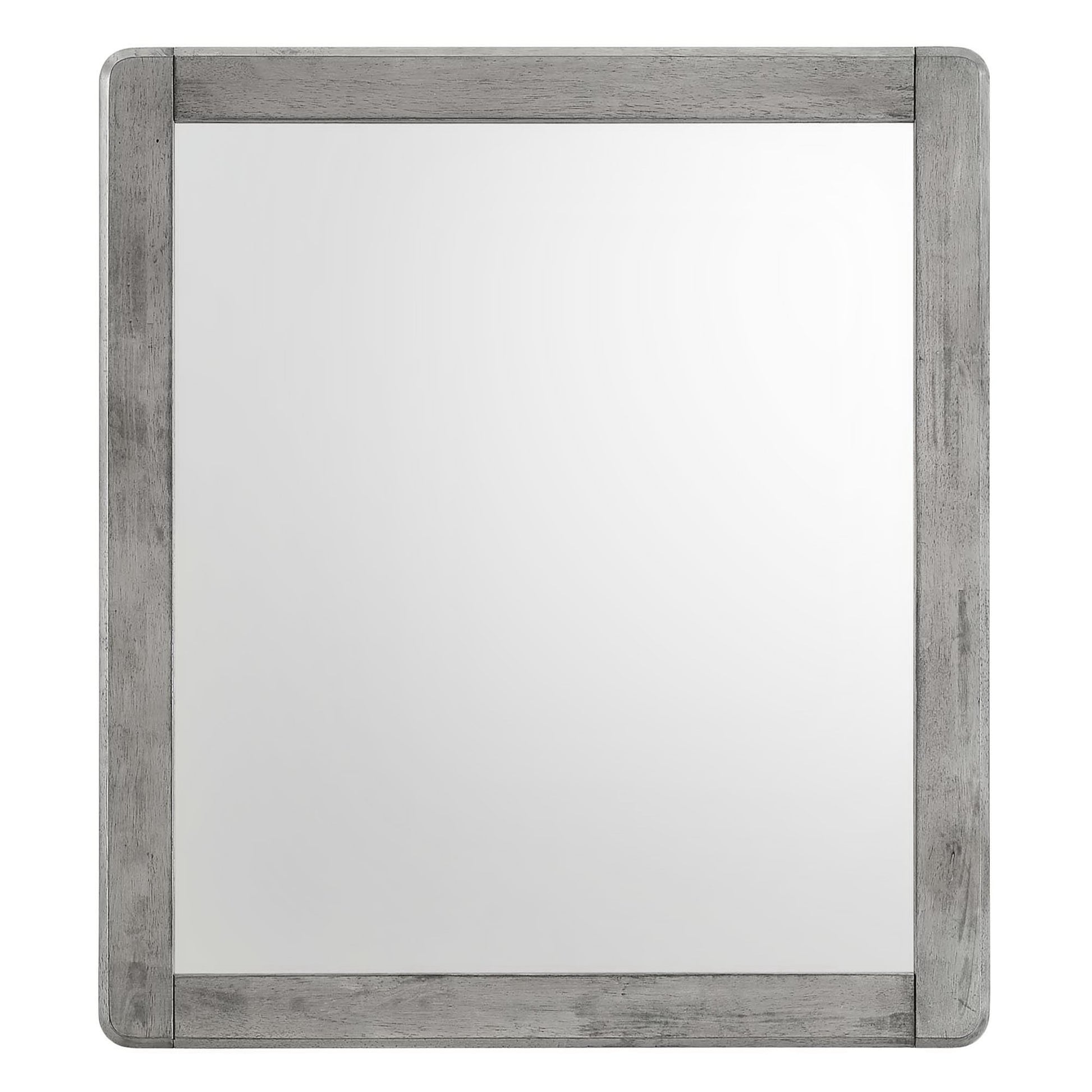 Rectangular wall mirror with a distressed grey wood frame and rounded corners; rustic farmhouse style.
