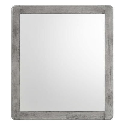Rectangular wall mirror with a distressed grey wood frame and rounded corners; rustic farmhouse style.