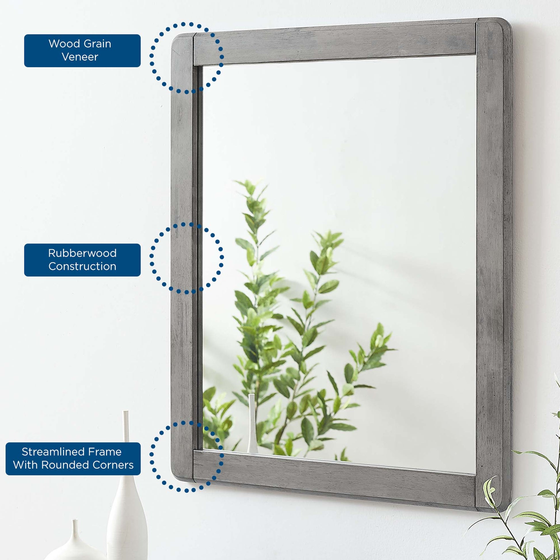 Rectangular mirror with gray wood-grain veneer and rubberwood frame, streamlined rounded corners.