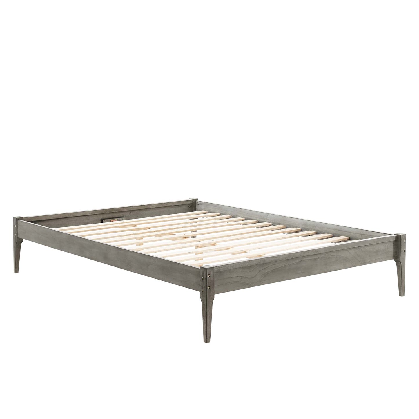 Gray weathered wood platform bed frame with slatted base and tapered legs.