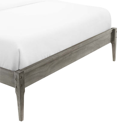 Weathered gray wood full platform bed frame with tapered legs.