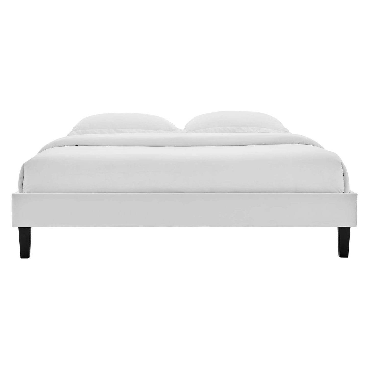 Gray velvet twin platform bed frame with a low-profile silhouette, black tapered legs, and white bedding.