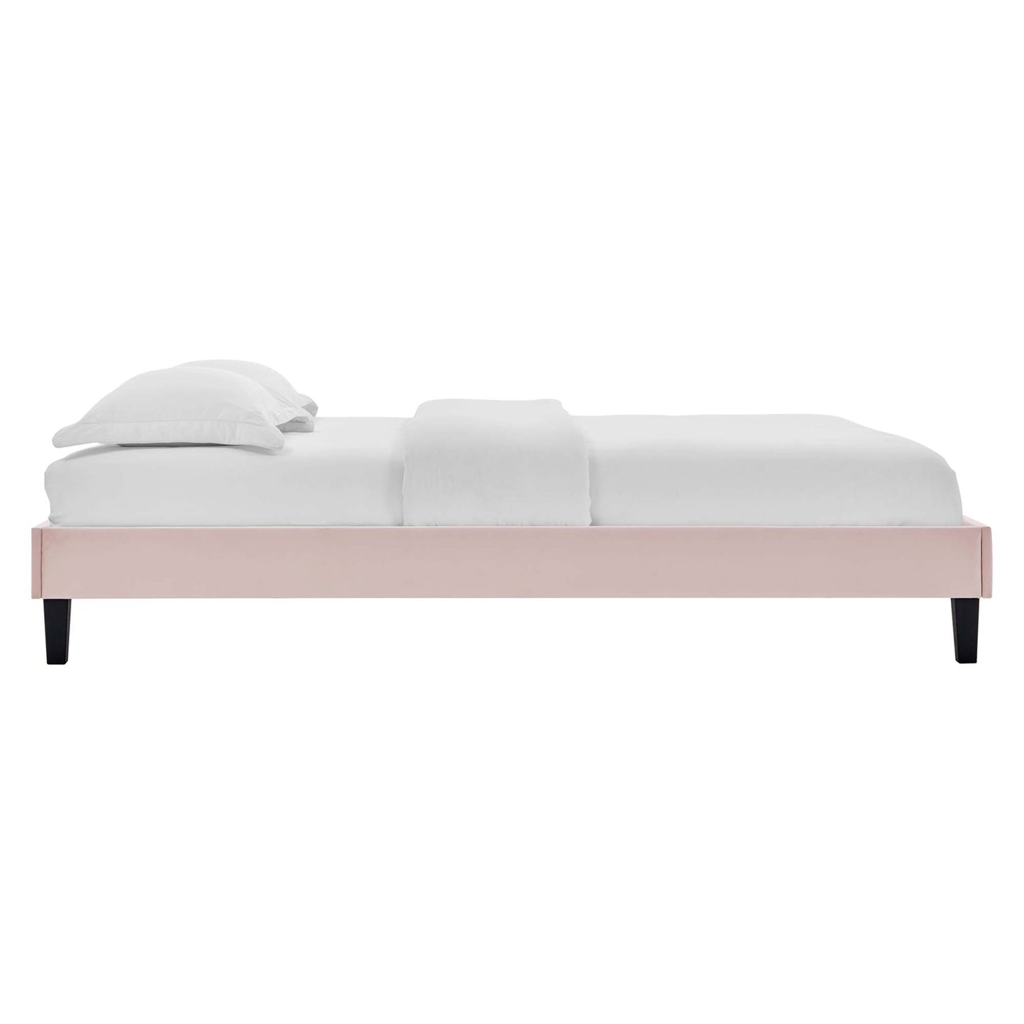 Red velvet full platform bed frame with white mattress and pillows, black tapered legs.