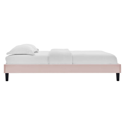 Red velvet full platform bed frame with white mattress and pillows, black tapered legs.