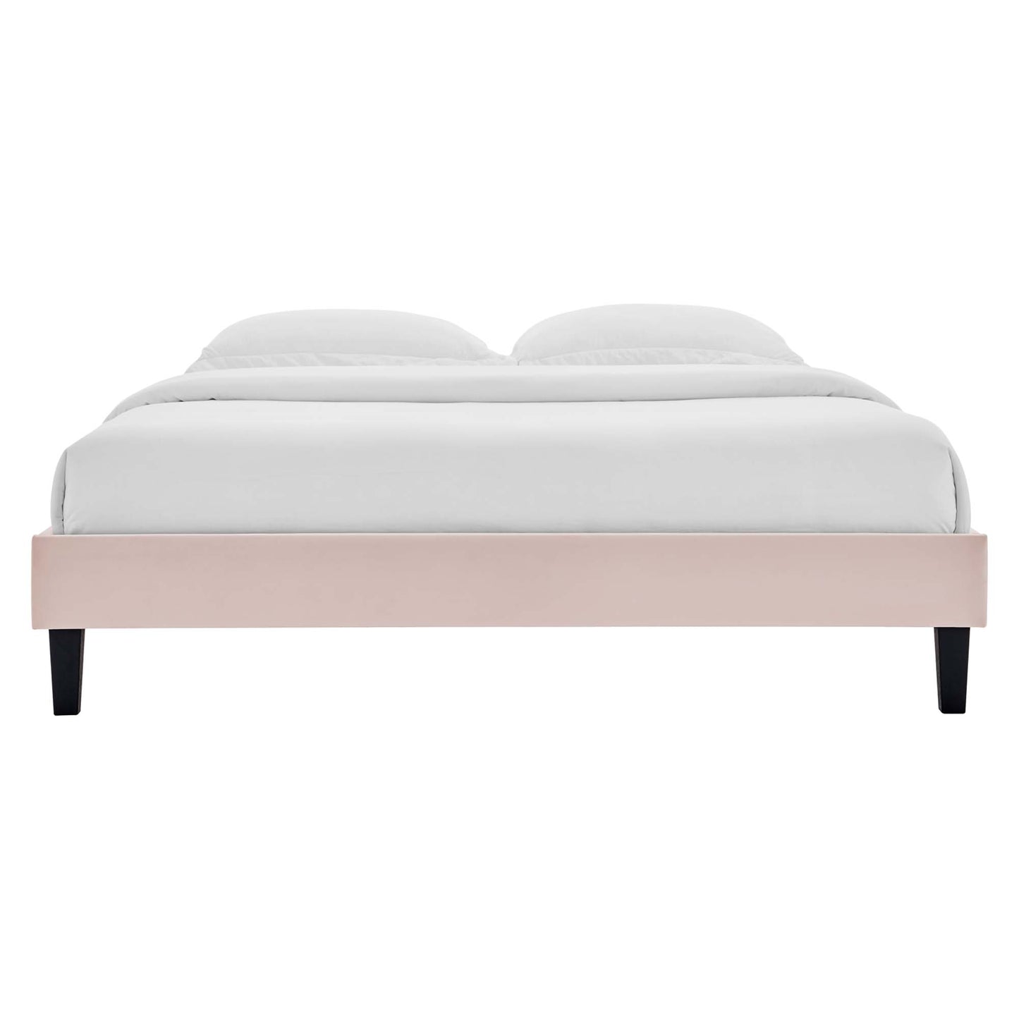 Red velvet full platform bed frame with white bedding, two pillows, and black tapered legs; modern minimalist style.