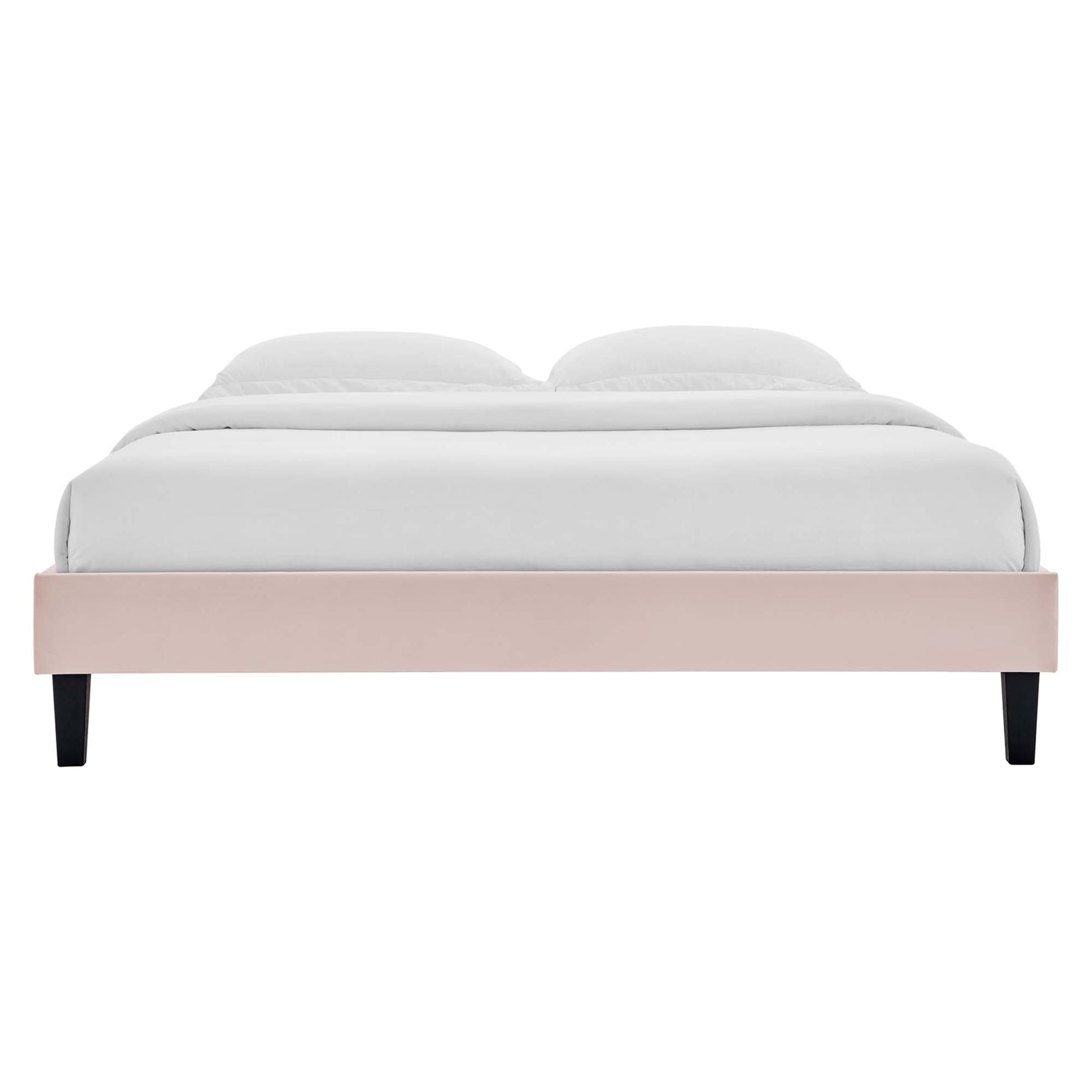 Red velvet full platform bed frame with white bedding, two pillows, and black tapered legs; modern minimalist style.