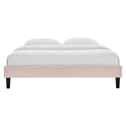 Red velvet full platform bed frame with white bedding, two pillows, and black tapered legs; modern minimalist style.