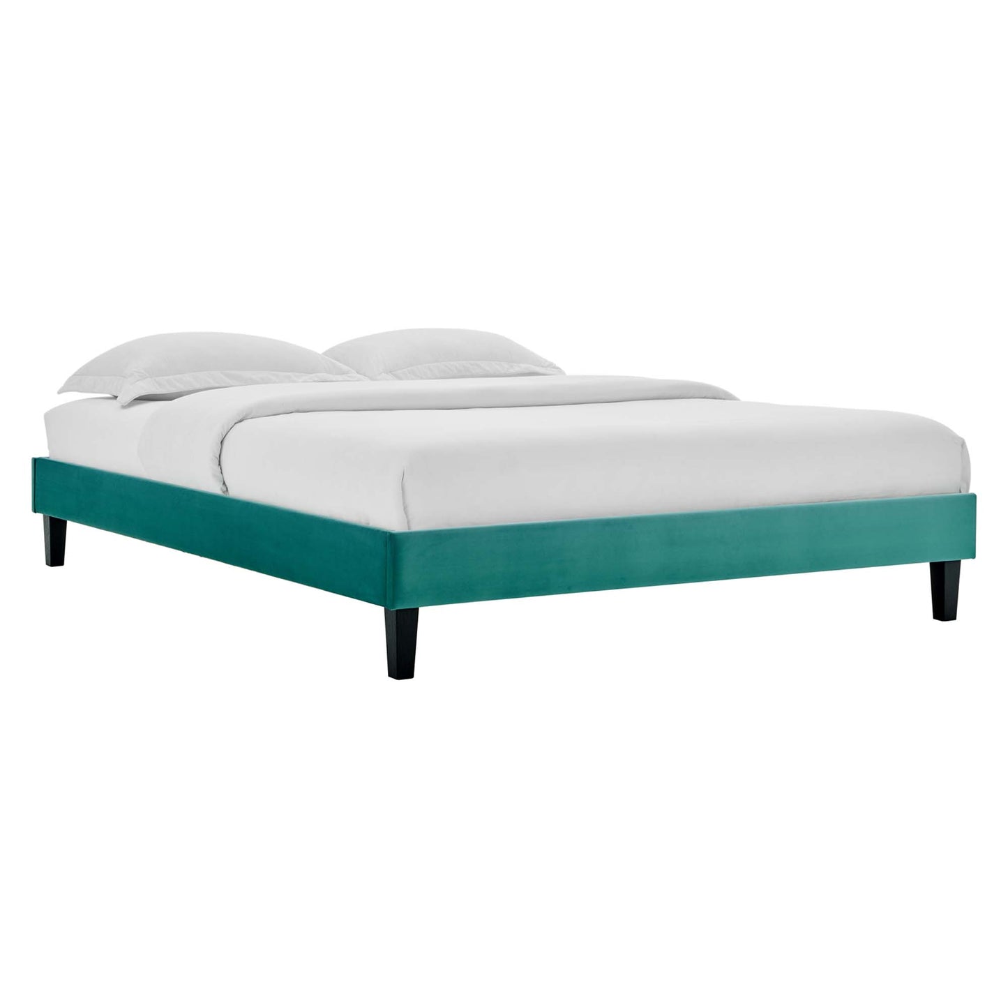 Teal upholstered platform bed with black tapered legs, white bedding and two pillows.