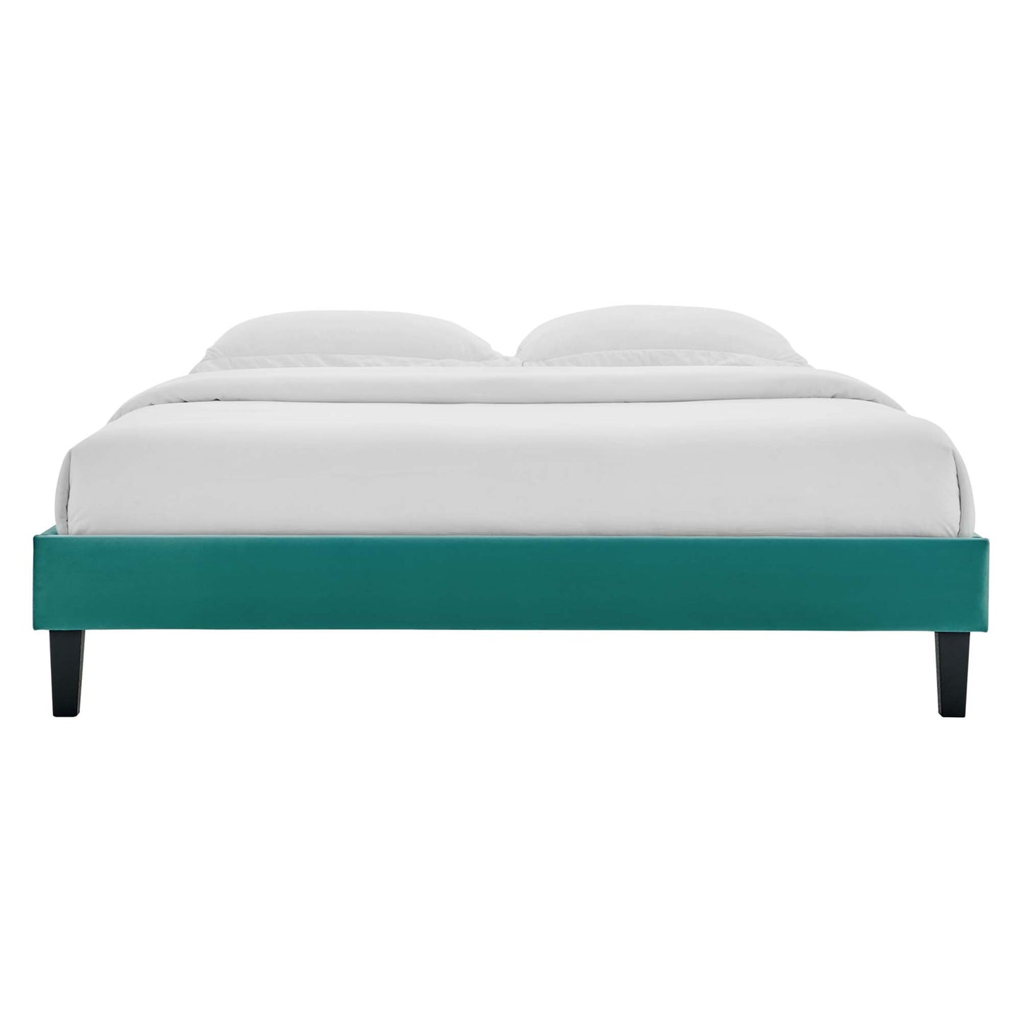 Teal upholstered full platform bed frame with white bedding and dark tapered legs, modern minimalist style.
