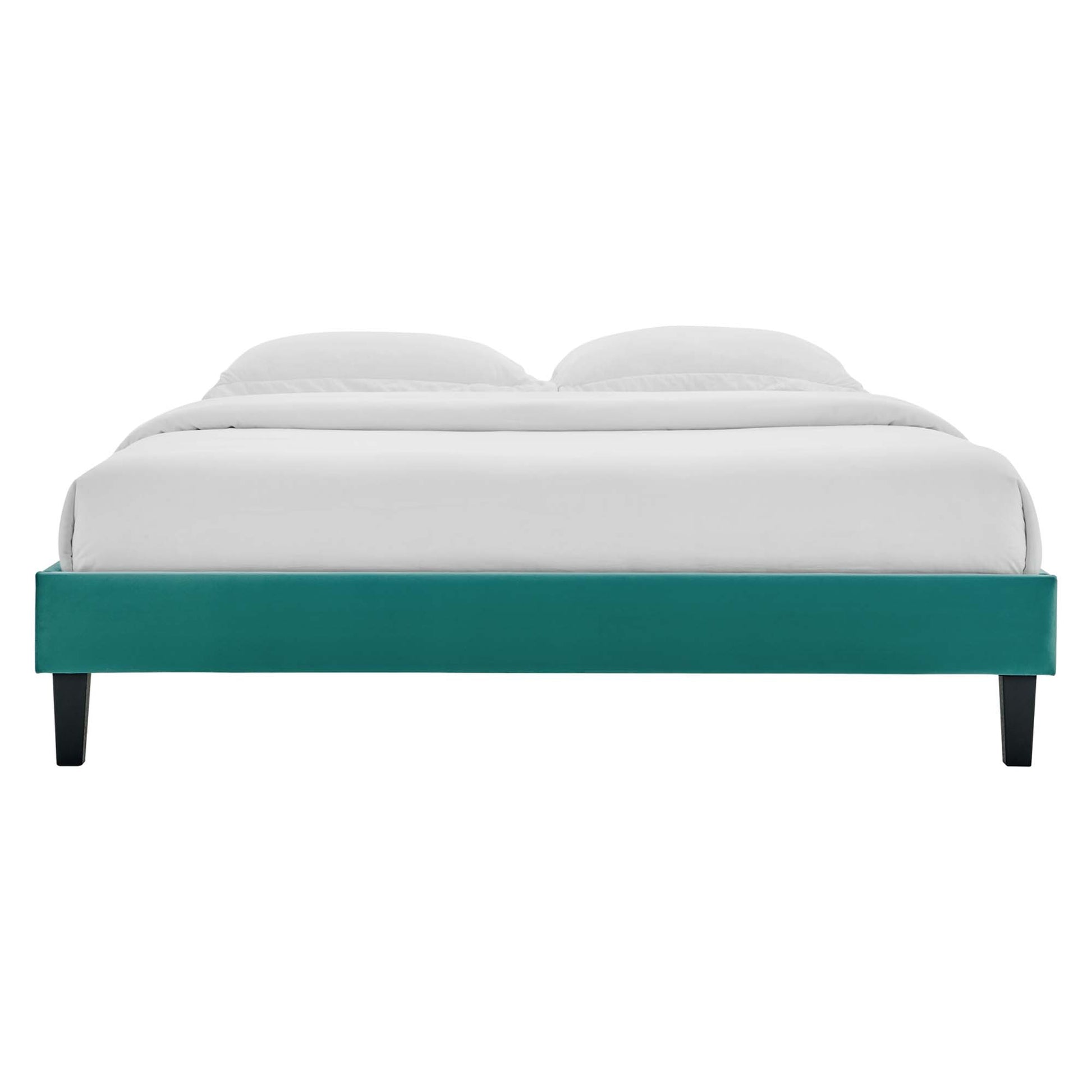 Teal upholstered full platform bed frame with white bedding and dark tapered legs, modern minimalist style.