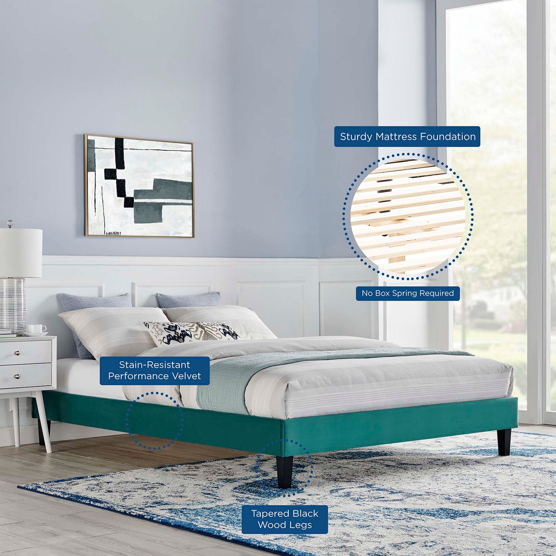 Teal upholstered full platform bed frame with tapered black wood legs; stain-resistant velvet, no box spring.
