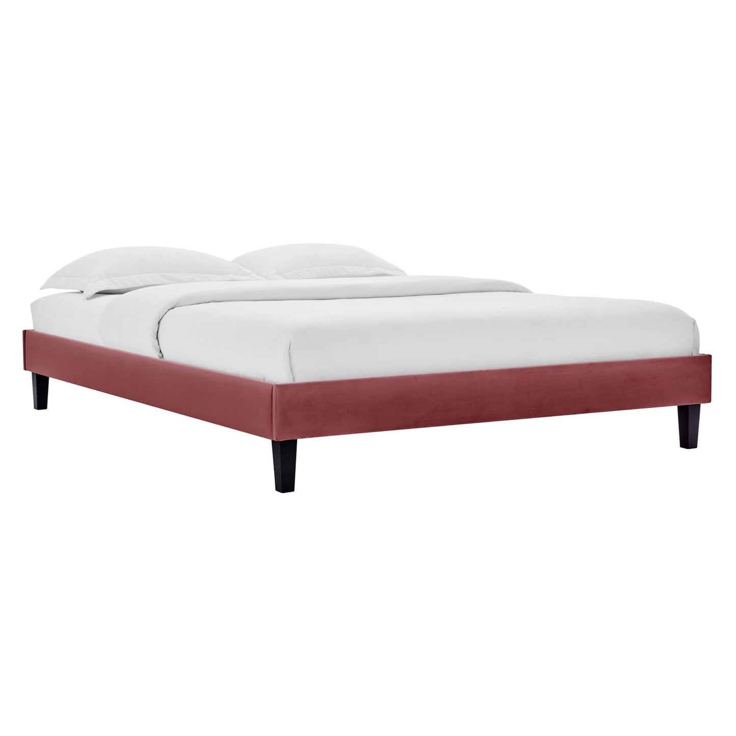 Low-profile platform bed with burgundy fabric upholstery, black tapered legs, and white bedding.
