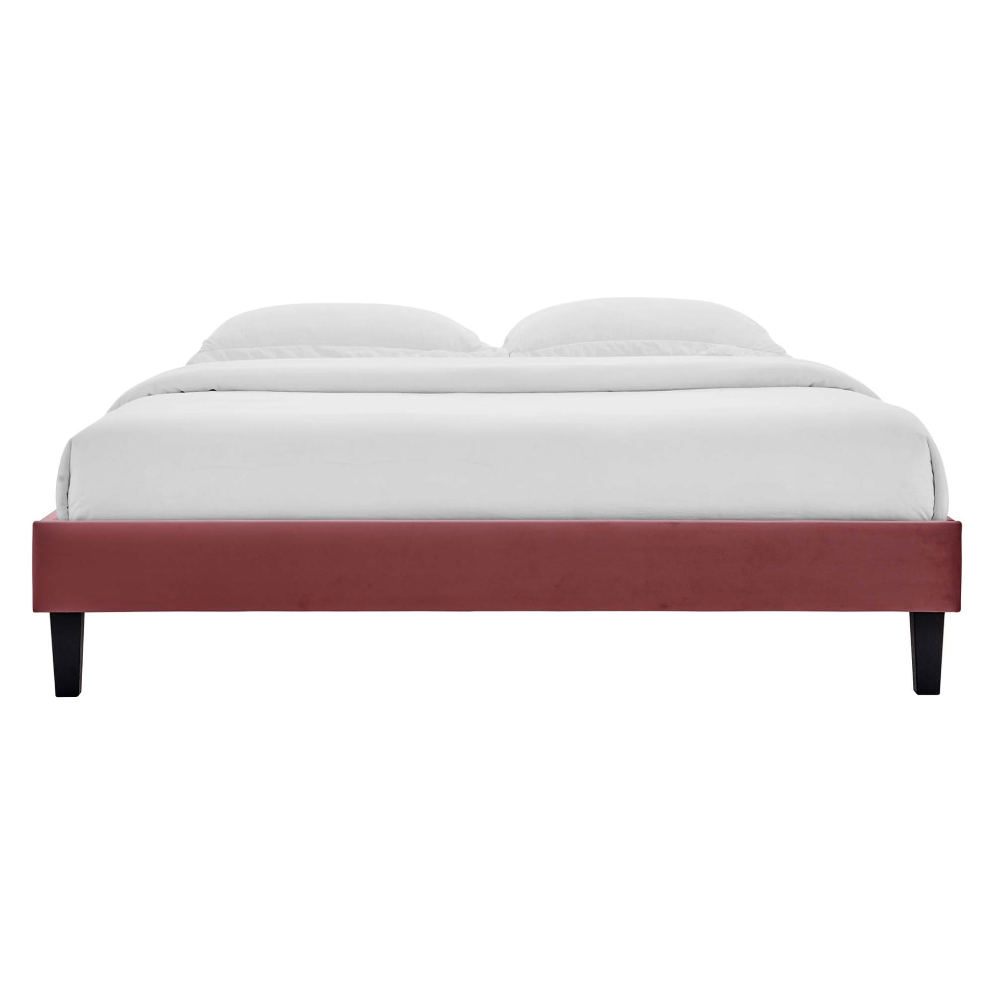 Red velvet queen platform bed frame with white bedding in a modern minimalist style.