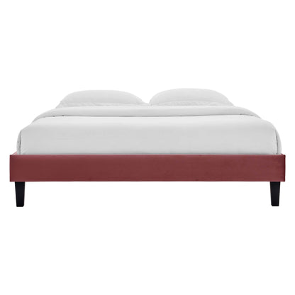 Red velvet queen platform bed frame with white bedding in a modern minimalist style.