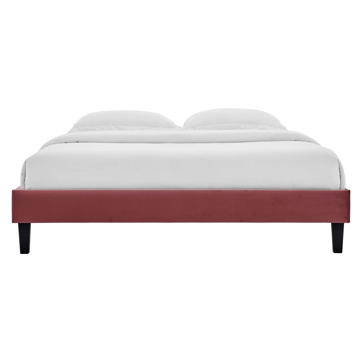 Low-profile king platform bed frame upholstered in red velvet with dark legs and white bedding, minimalist style.