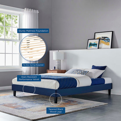 Navy stain-resistant velvet platform bed with tapered black wood legs; no box spring required.