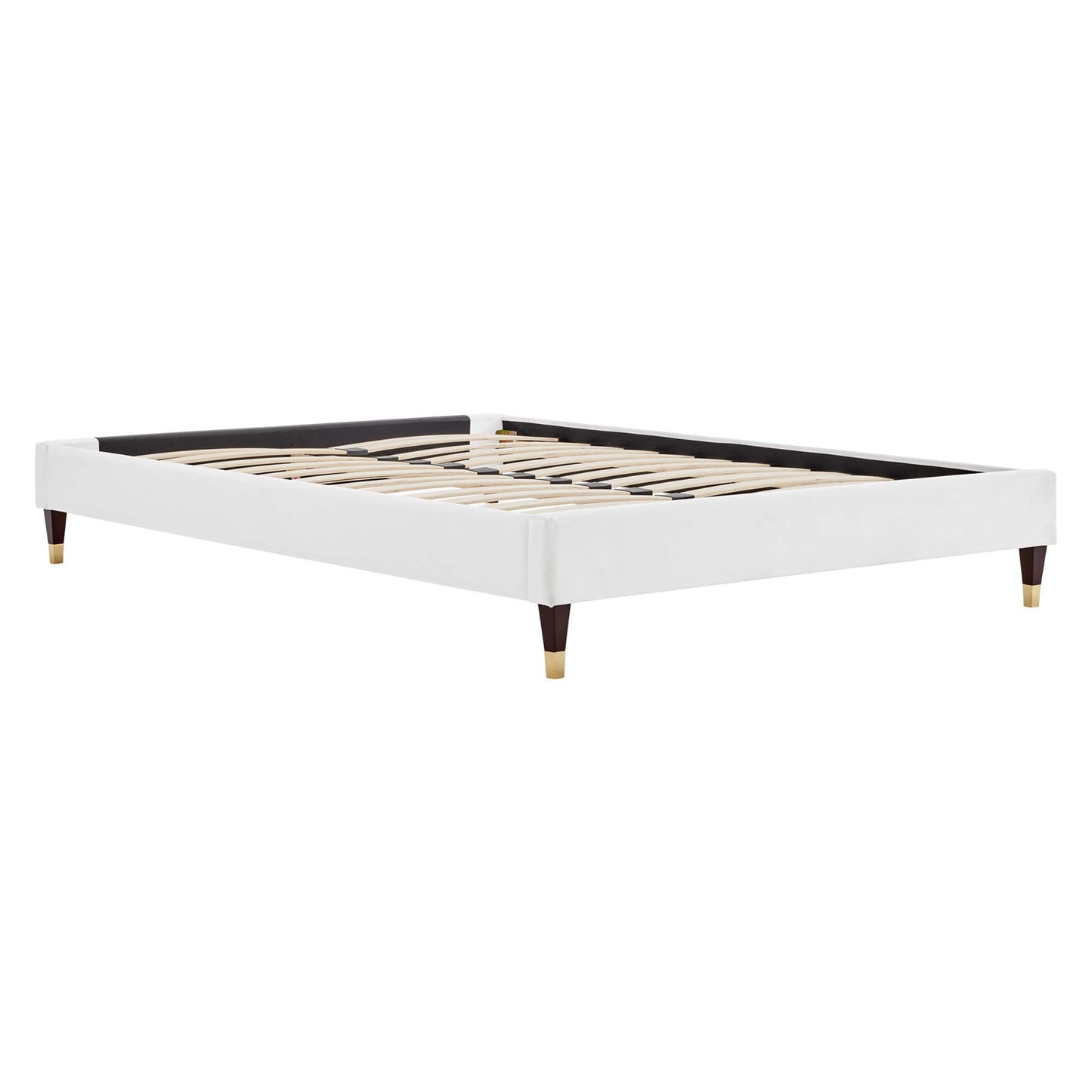 White upholstered twin platform bed frame with black headboard panel, wooden slats, tapered dark legs with brass caps.