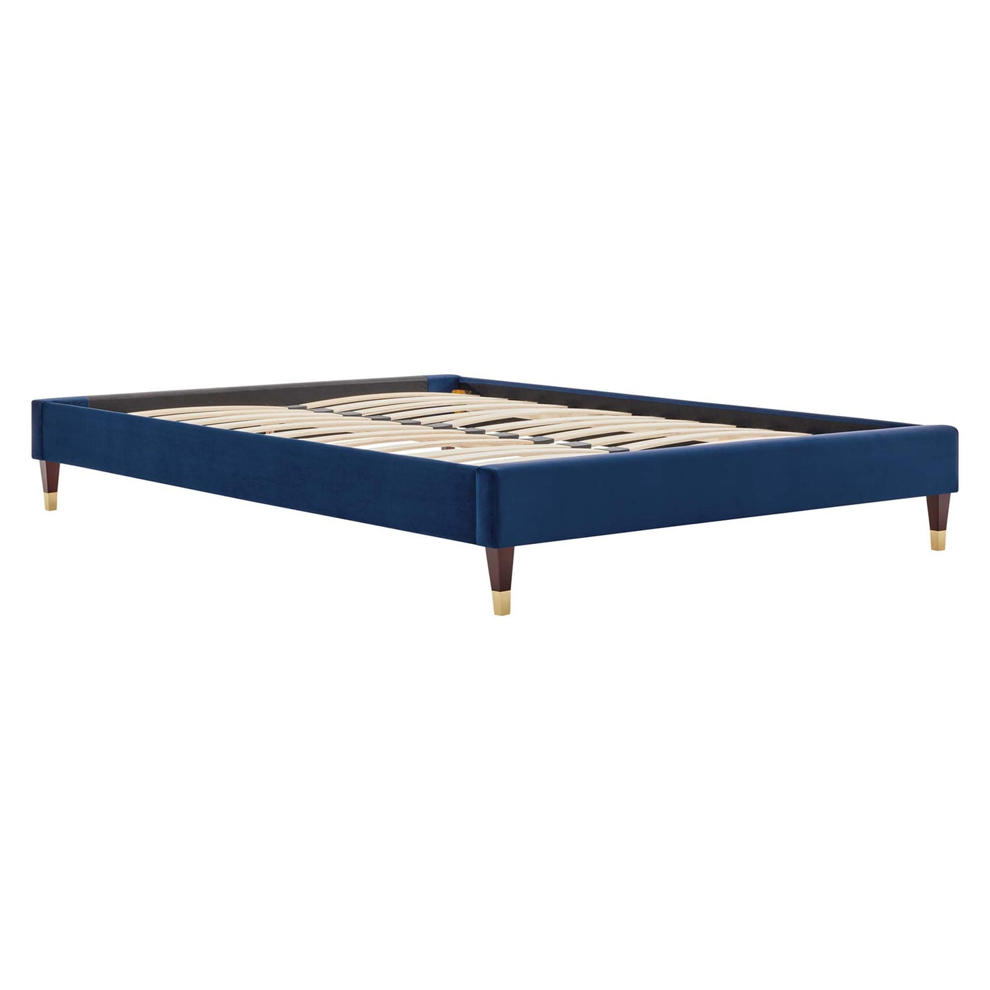 Navy blue upholstered full-size platform bed frame with wooden slats and tapered legs with brass caps.