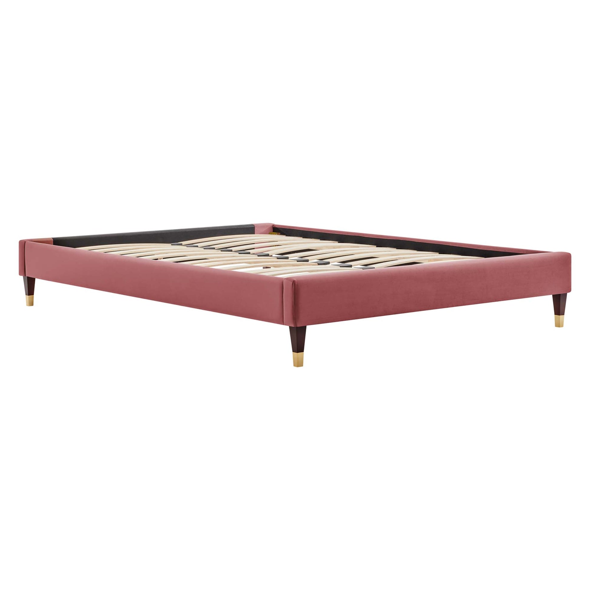 Red velvet platform bed frame with slatted wood base and brass-tipped tapered legs.