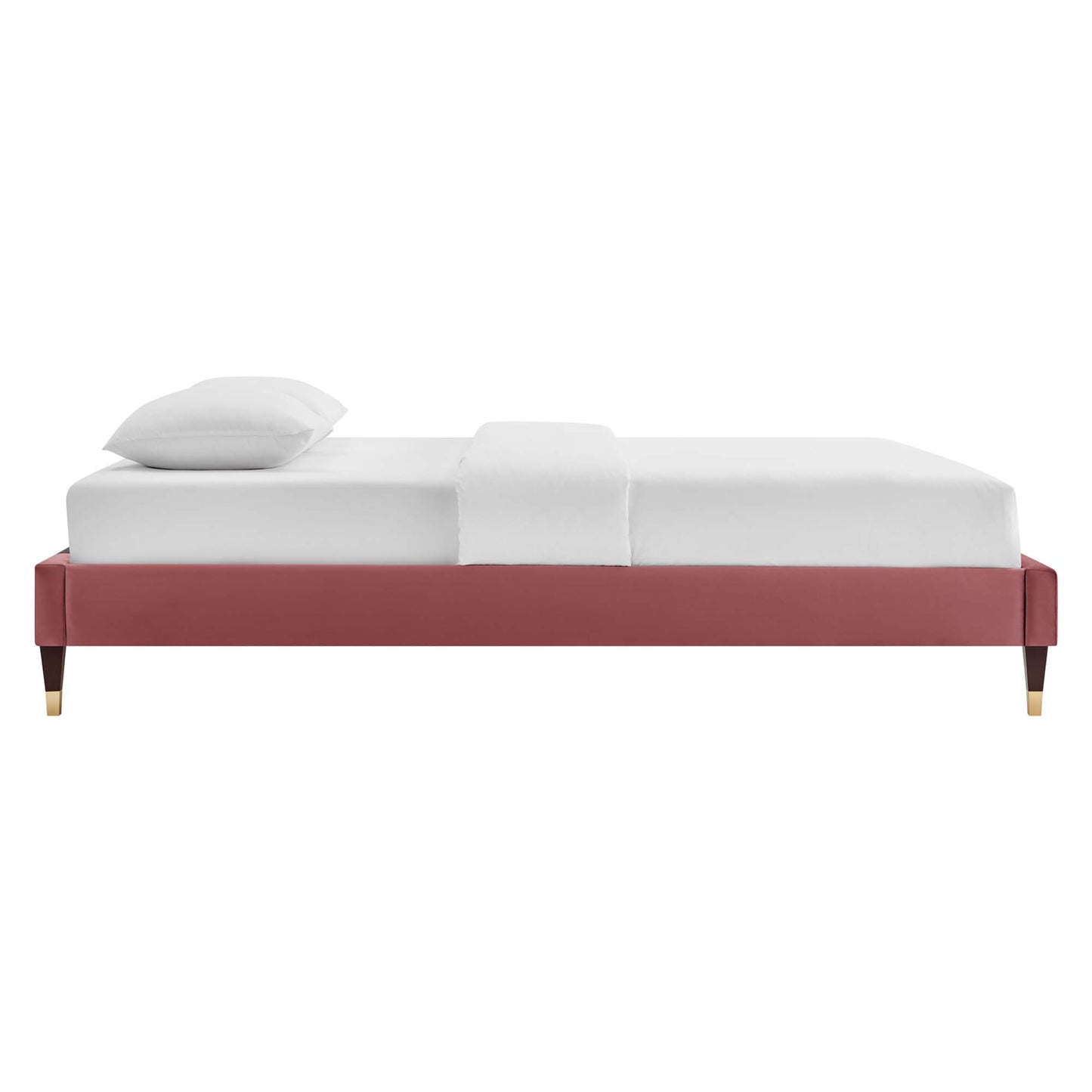 Red upholstered queen platform bed frame with gold-tipped legs, white mattress, pillow and center white throw; modern style.