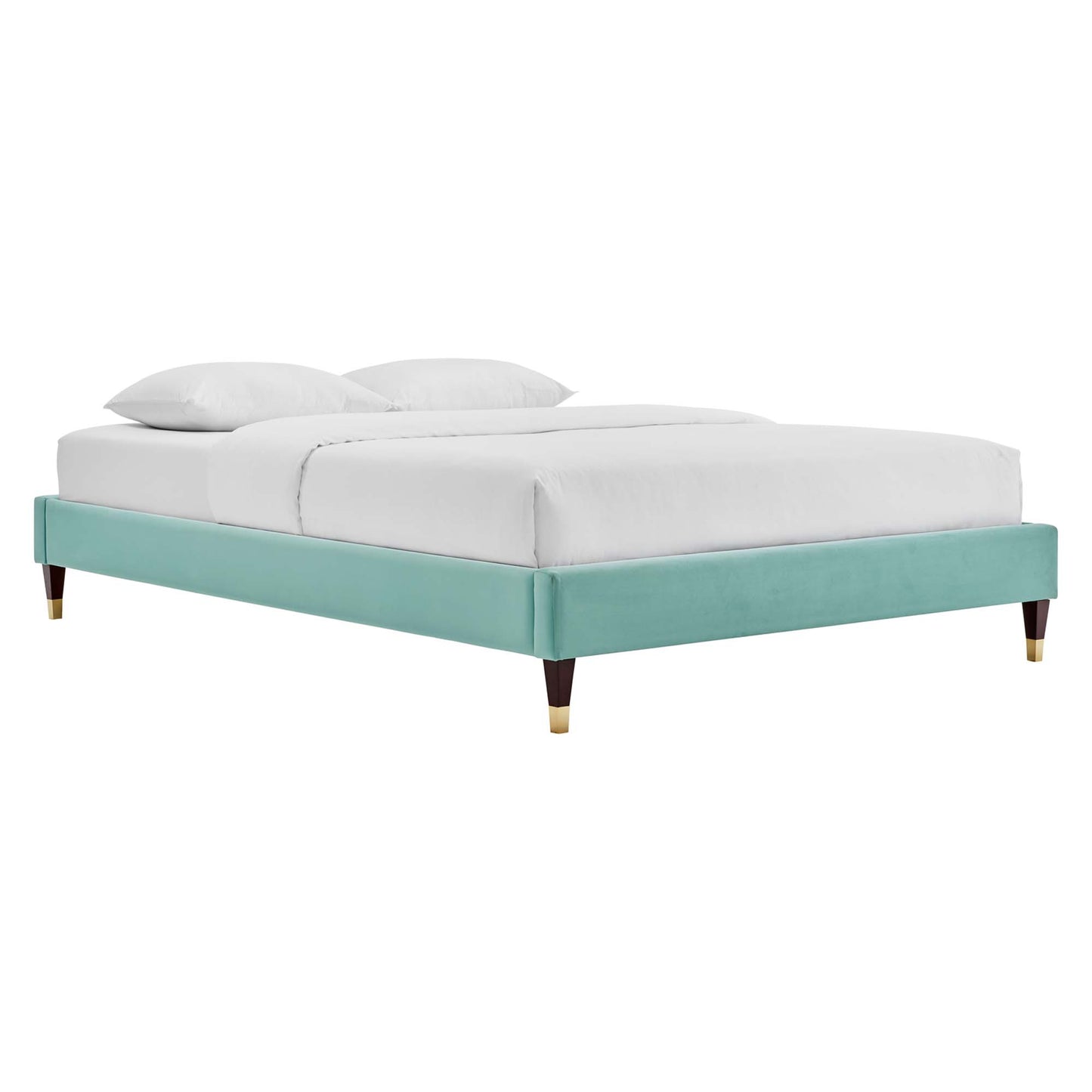 Mint velvet queen platform bed frame and white mattress, low-profile modern style, tapered wood legs with brass caps