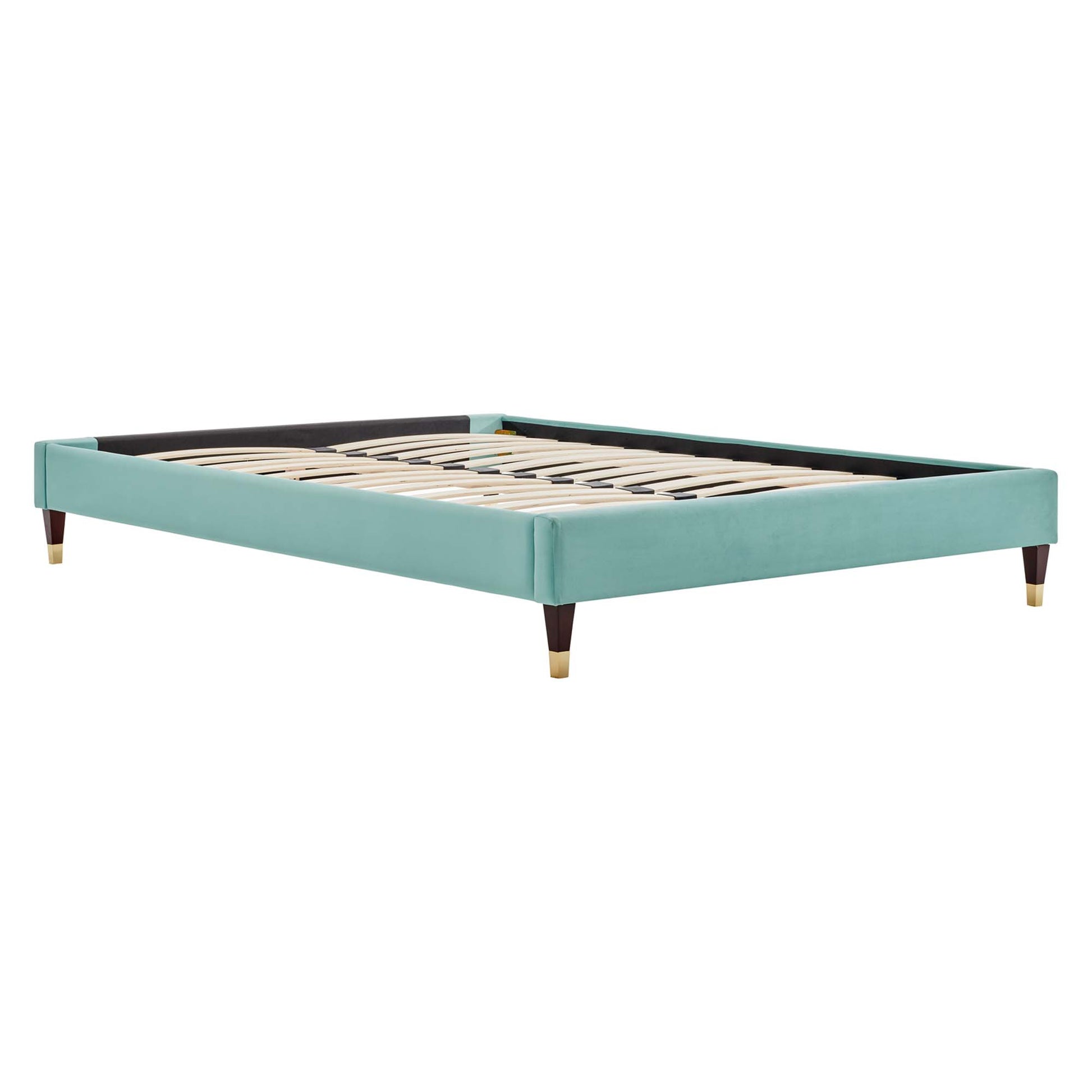 Teal upholstered platform bed frame with wooden slats, low profile, dark tapered legs with brass caps.